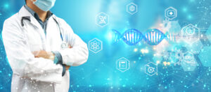 Doctor check with analysis chromosome DNA genetic of human on virtual interface. Medical science concept, 3d illustration